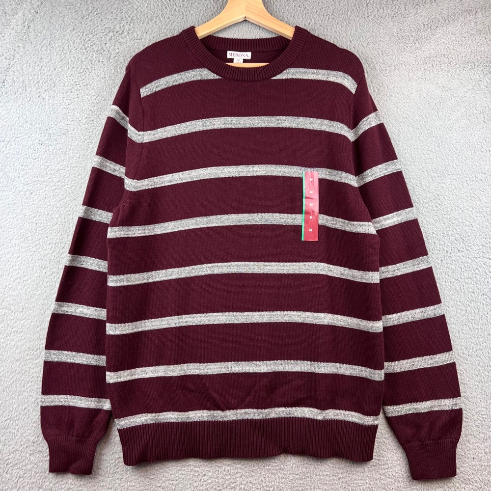 New Merona Men's Burgundy Gray Stripe Crew Neck Long Sleeve Sweater Pullover M‎